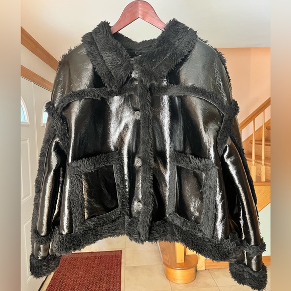 Plus Size Patent Faux Leather Aviator Jacket - Picture 2 of 3